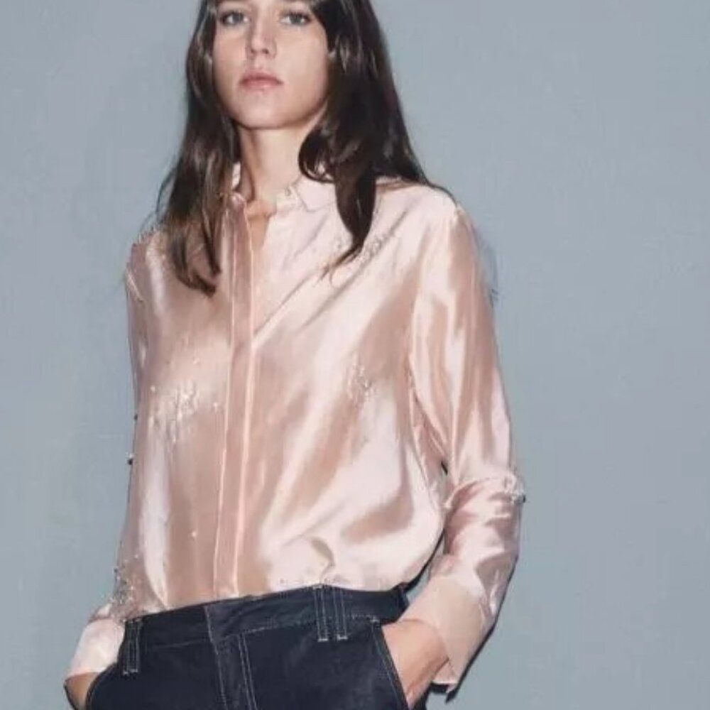 ZARA ZW Collection sz S New Embroidered Shirt Jewels Rhinestones Pastel Pink - Picture 12 of 15